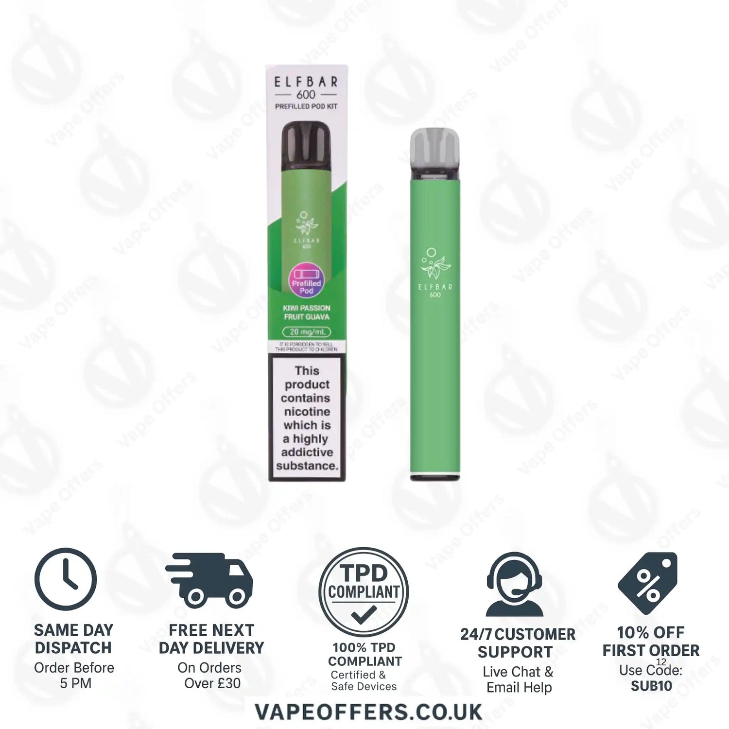 Elf Bar 600 Prefilled Pod Vape Kit Kiwi Passion Fruit Guava 