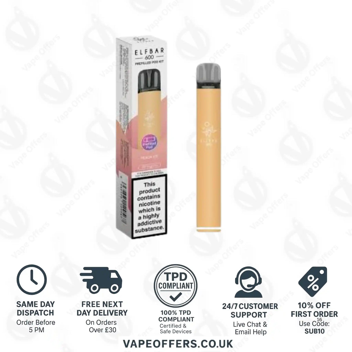 Elf Bar 600 Prefilled Pod Vape Kit Peach Ice