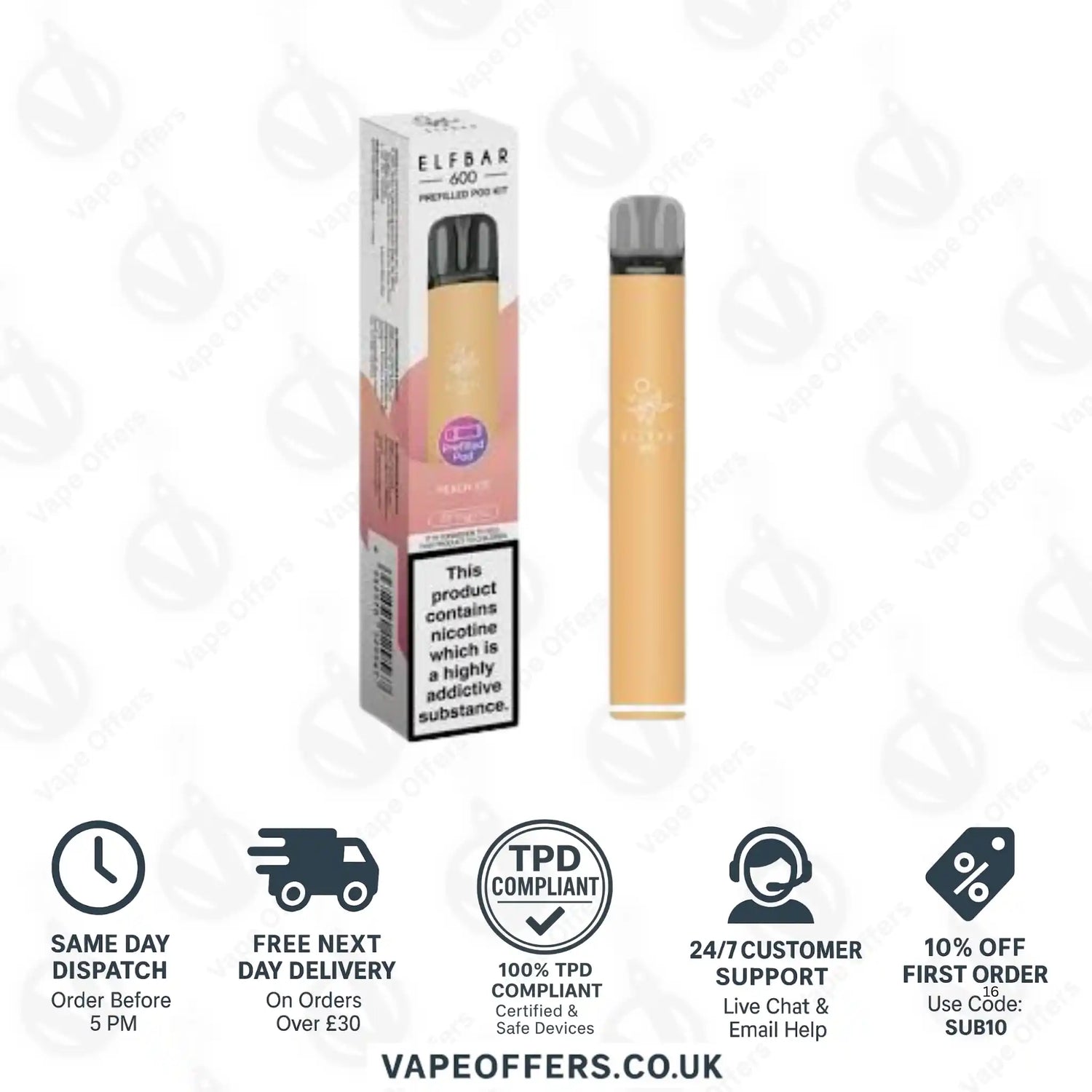 Elf Bar 600 Prefilled Pod Vape Kit Peach Ice 