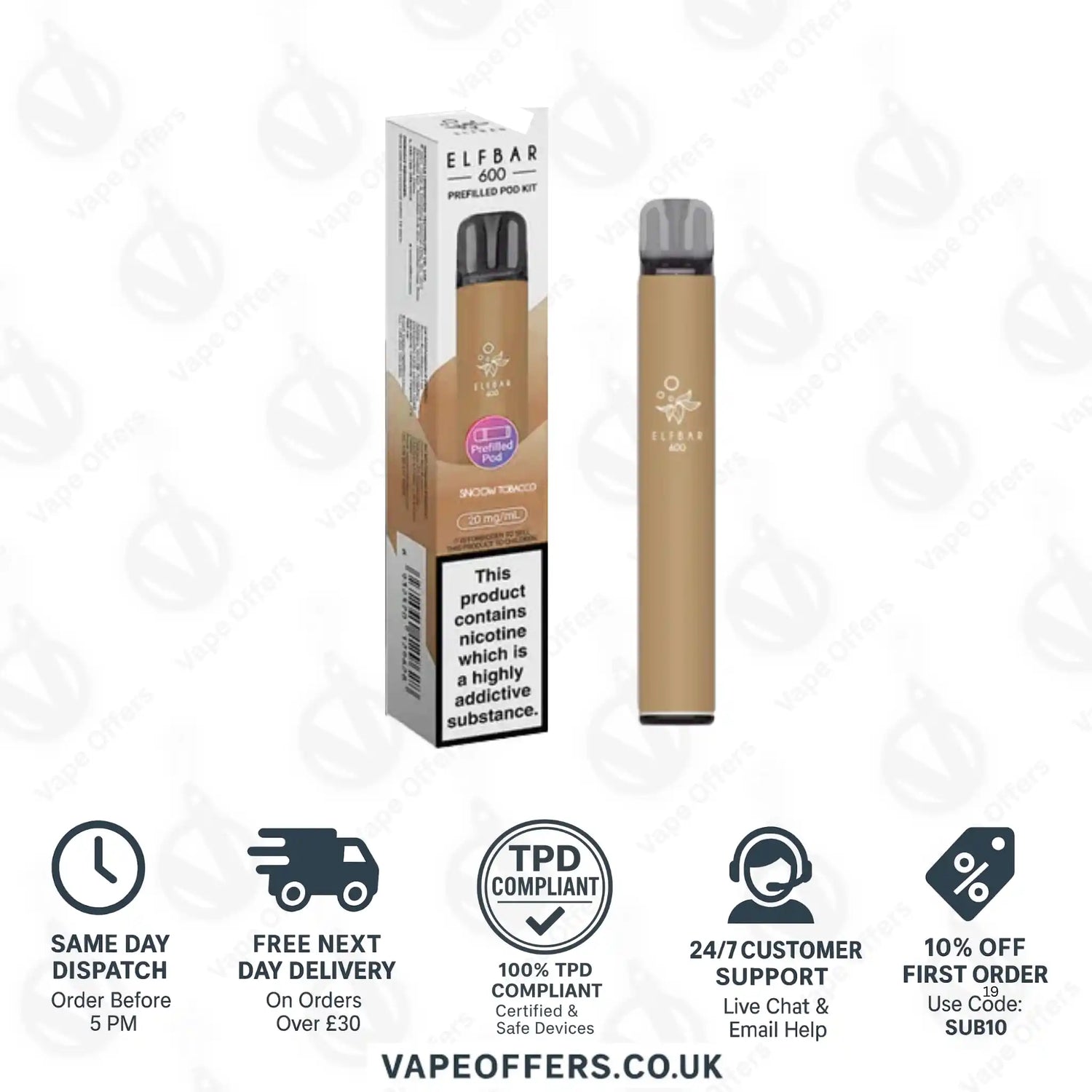 Elf Bar 600 Prefilled Pod Vape Kit Snoow Tobacco 