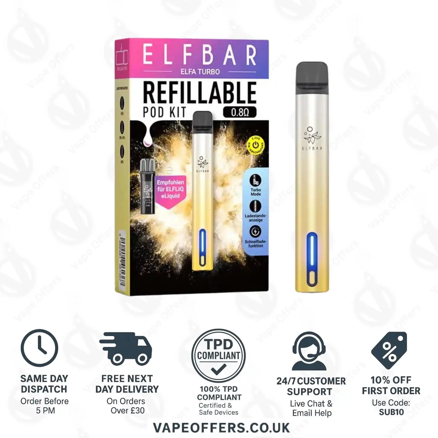Elfa Turbo Refillable Vape Pod Kit Aurora Gold 