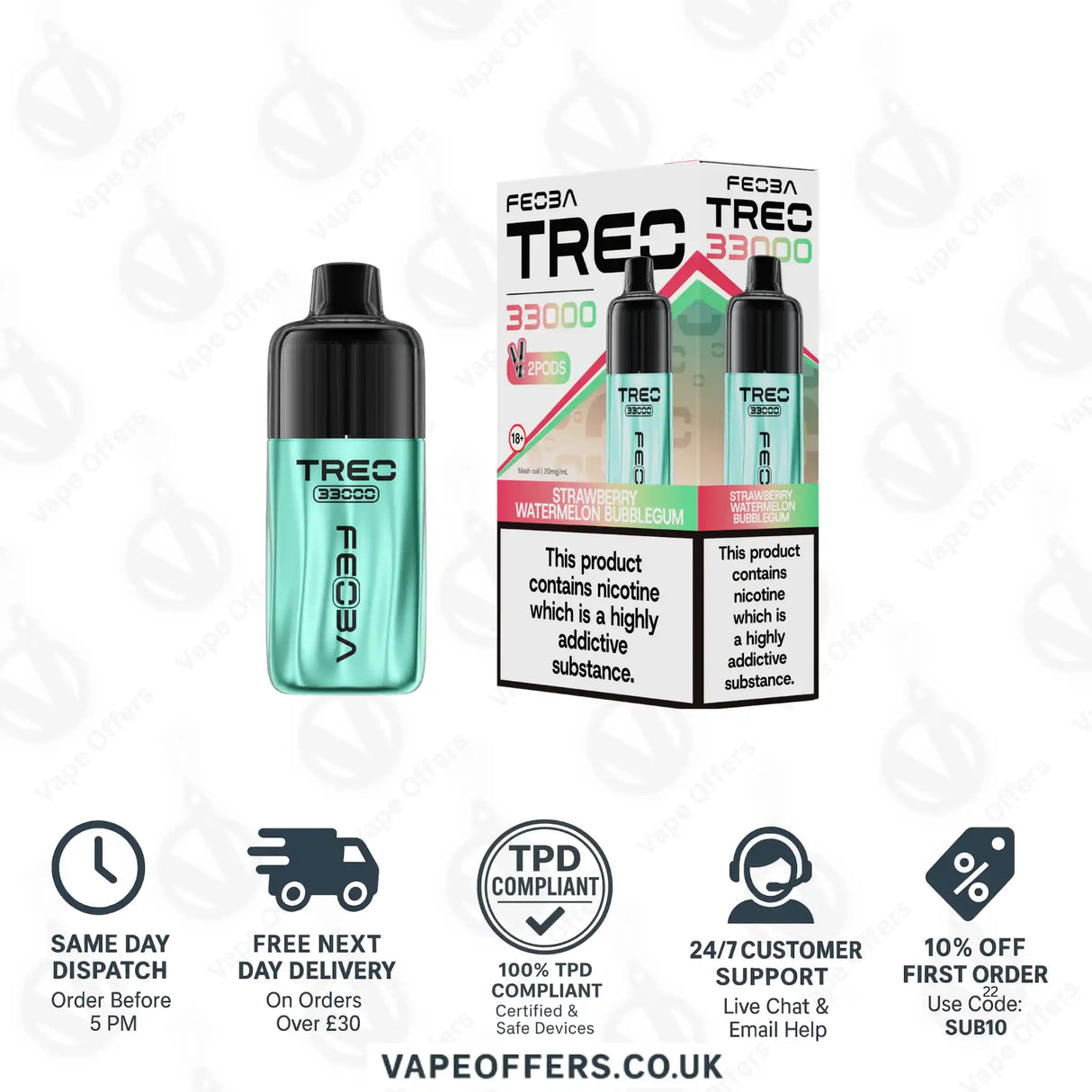 FEOBA Treo 33K Prefilled Pod Vape Kit Strawberry Watermelon Bubblegum