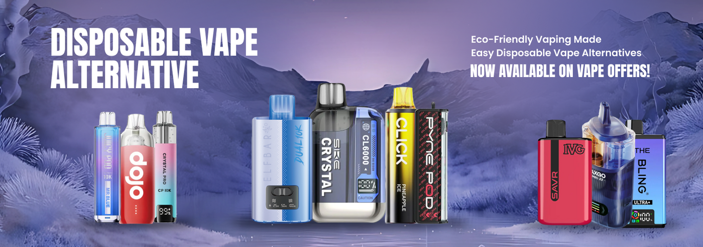 Display of disposable vape devices with a scenic background