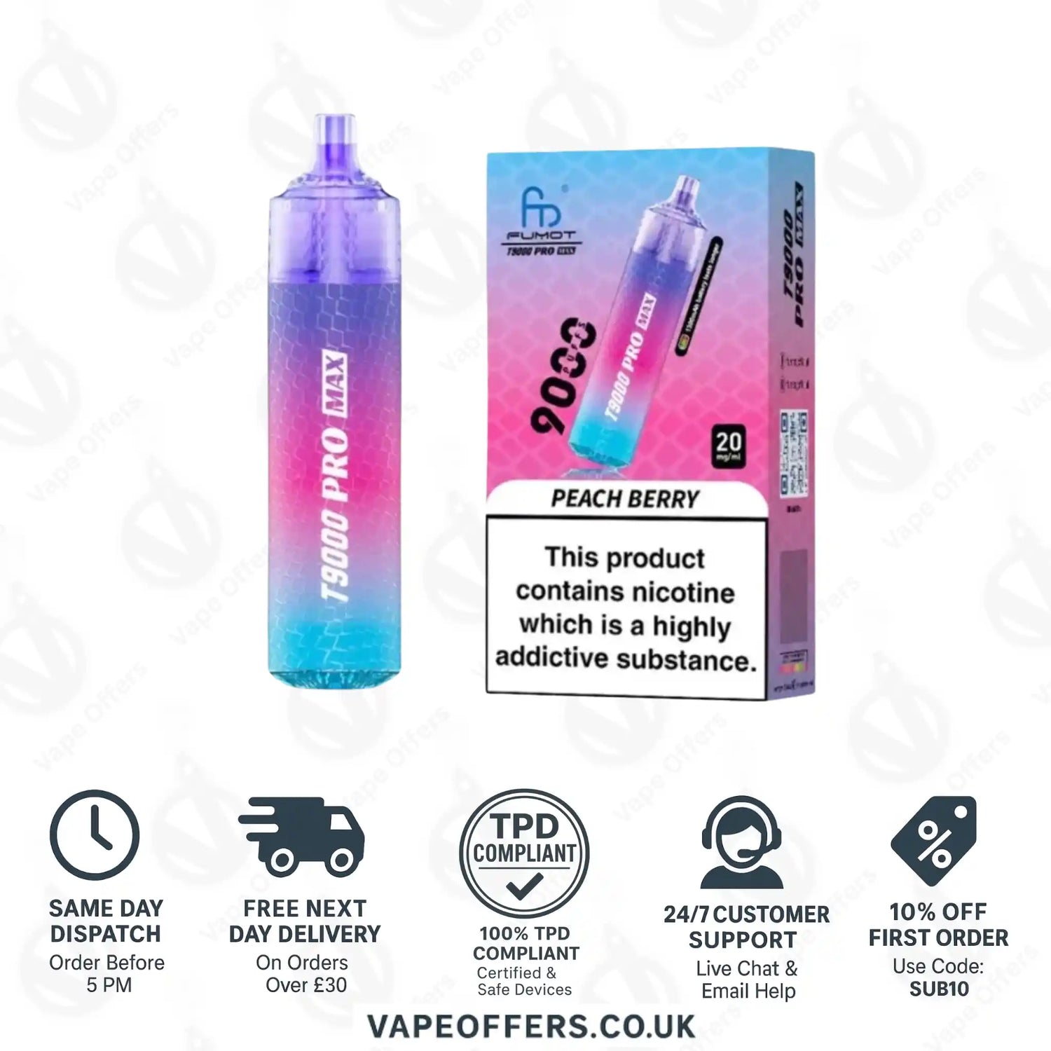 Fumot RandM T9000 Pro Max 9k Prefilled Pod Vape Kit Peach Berry 