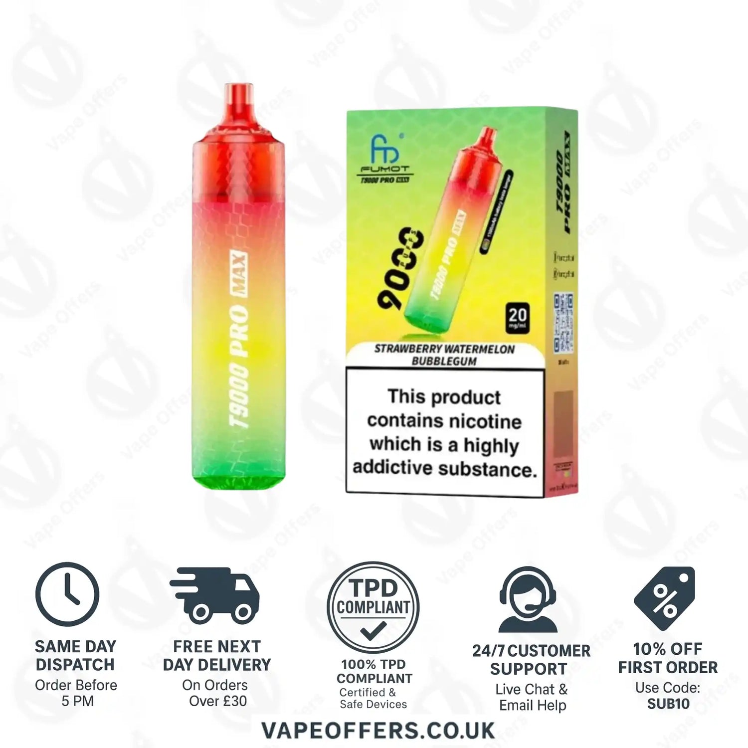 Fumot RandM T9000 Pro Max 9k Prefilled Pod Vape Kit Strawberry Watermelon Bubblegum 