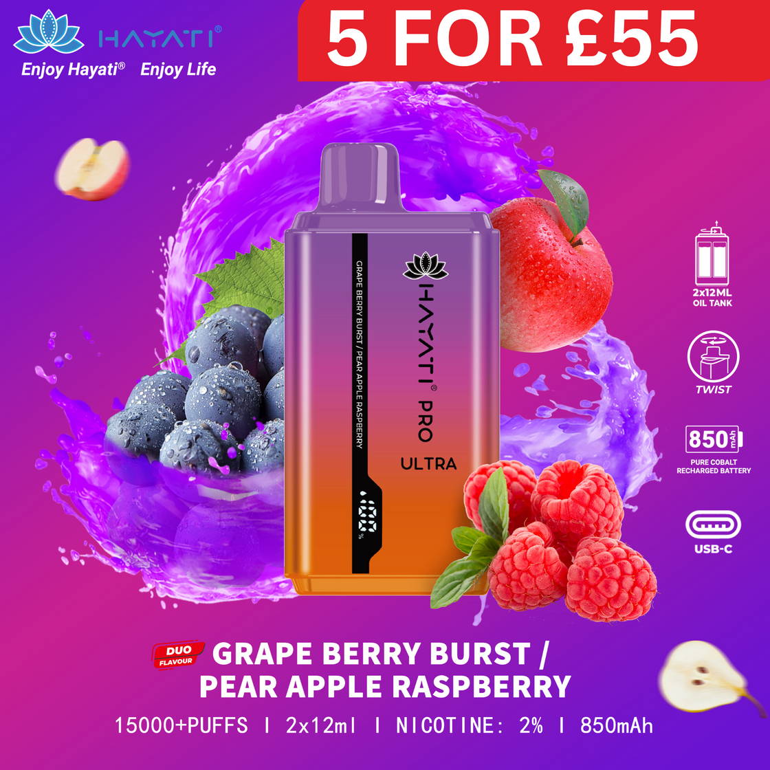 Grape Berry Burst / Pear Apple Raspberry - Hayati Pro Ultra 15000 Puffs