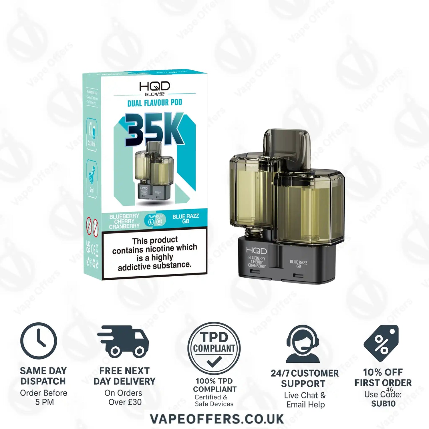 HQD Glow Air 35k Prefilled Refill Pods Blueberry Cherry Cranberry & Blue Razz GB 