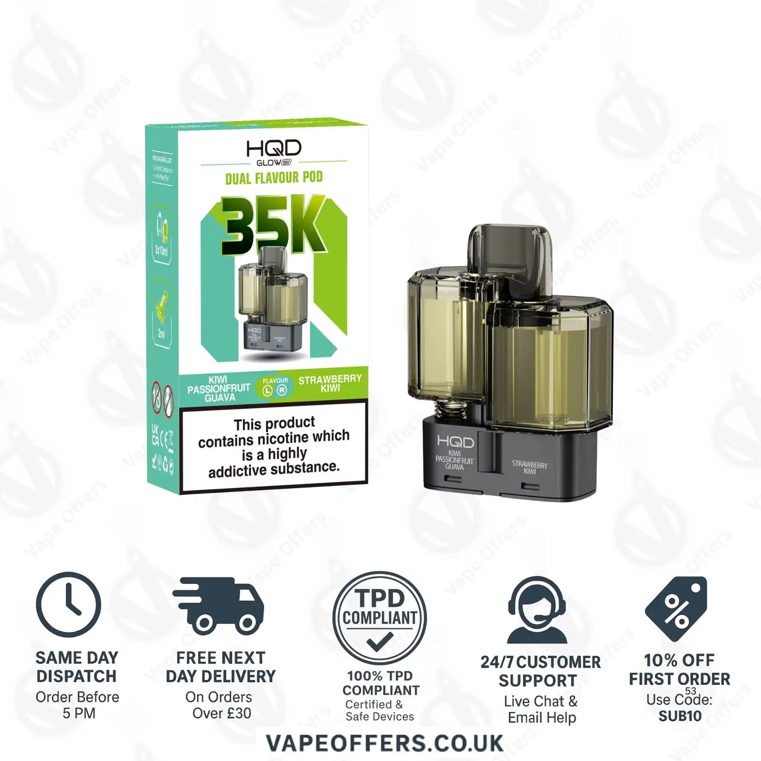 HQD Glow Air 35k Prefilled Refill Pods Kiwi Passionfruit Guava & Strawberry Kiwi 