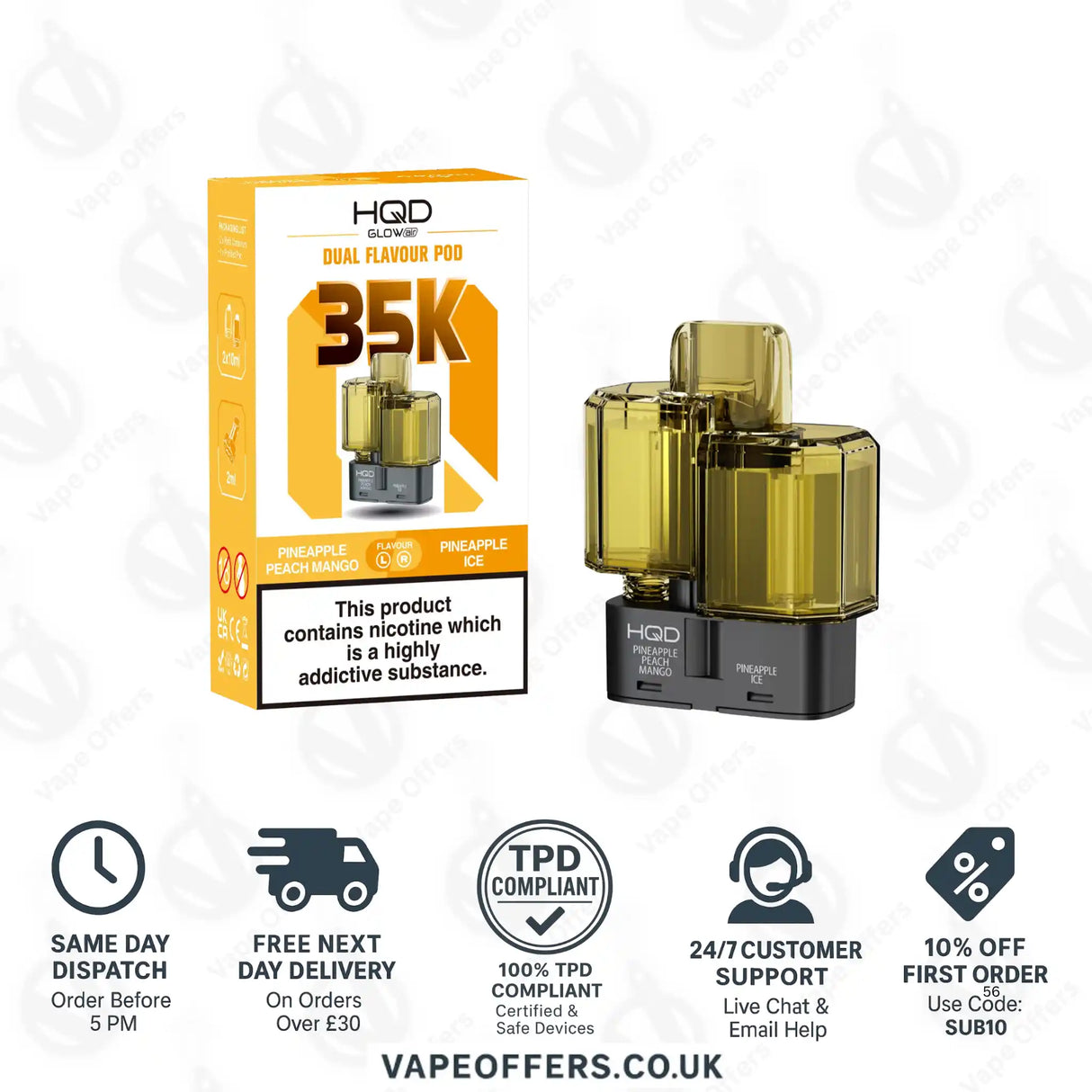 HQD Glow Air 35k Prefilled Refill Pods Pineapple Peach Mango & Pineapple Ice