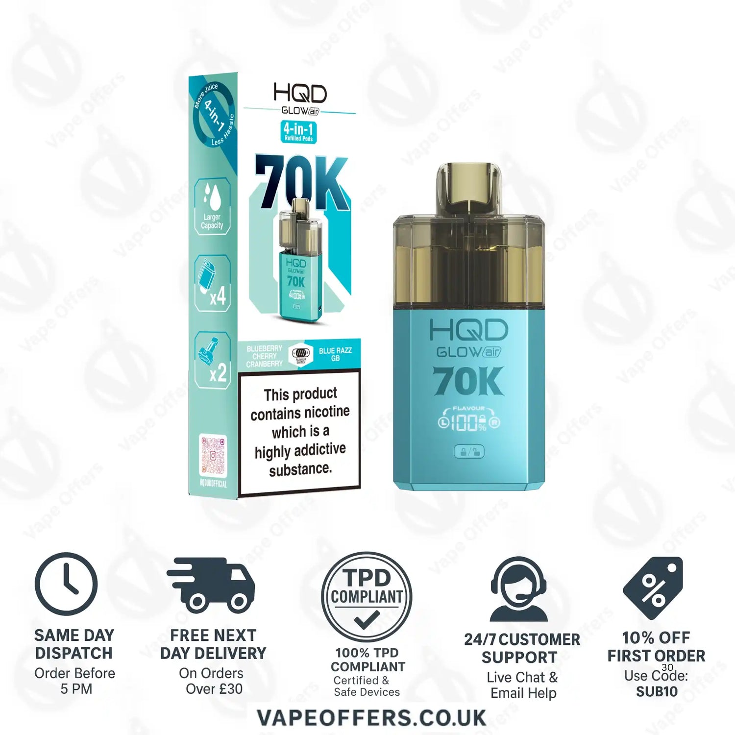 HQD Glow Air 70K Prefilled Pod Kit Blueberry Cherry Cranberry and Blue Razz Gummy Bear 