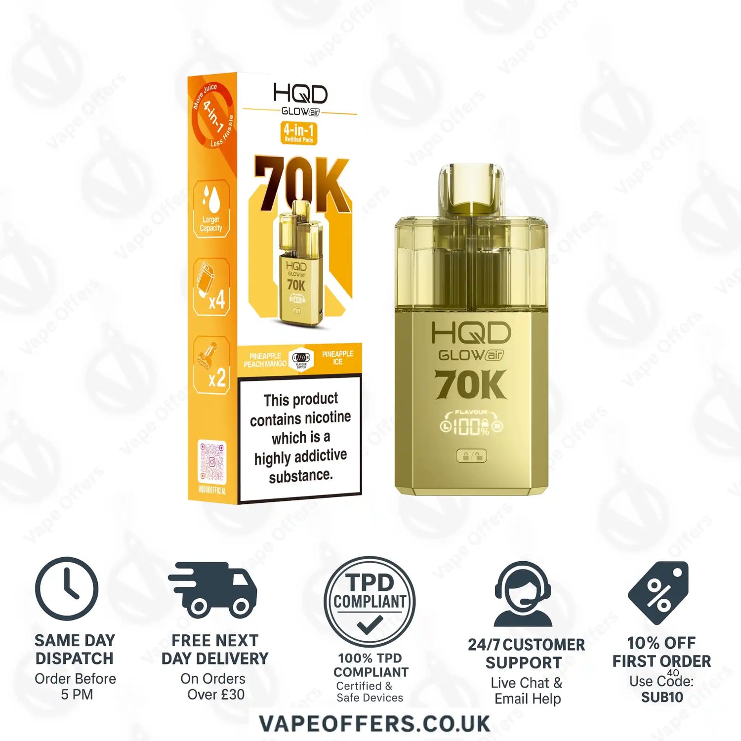 HQD Glow Air 70K Prefilled Pod Kit Pineapple Peach Mango and Pineapple Ice 