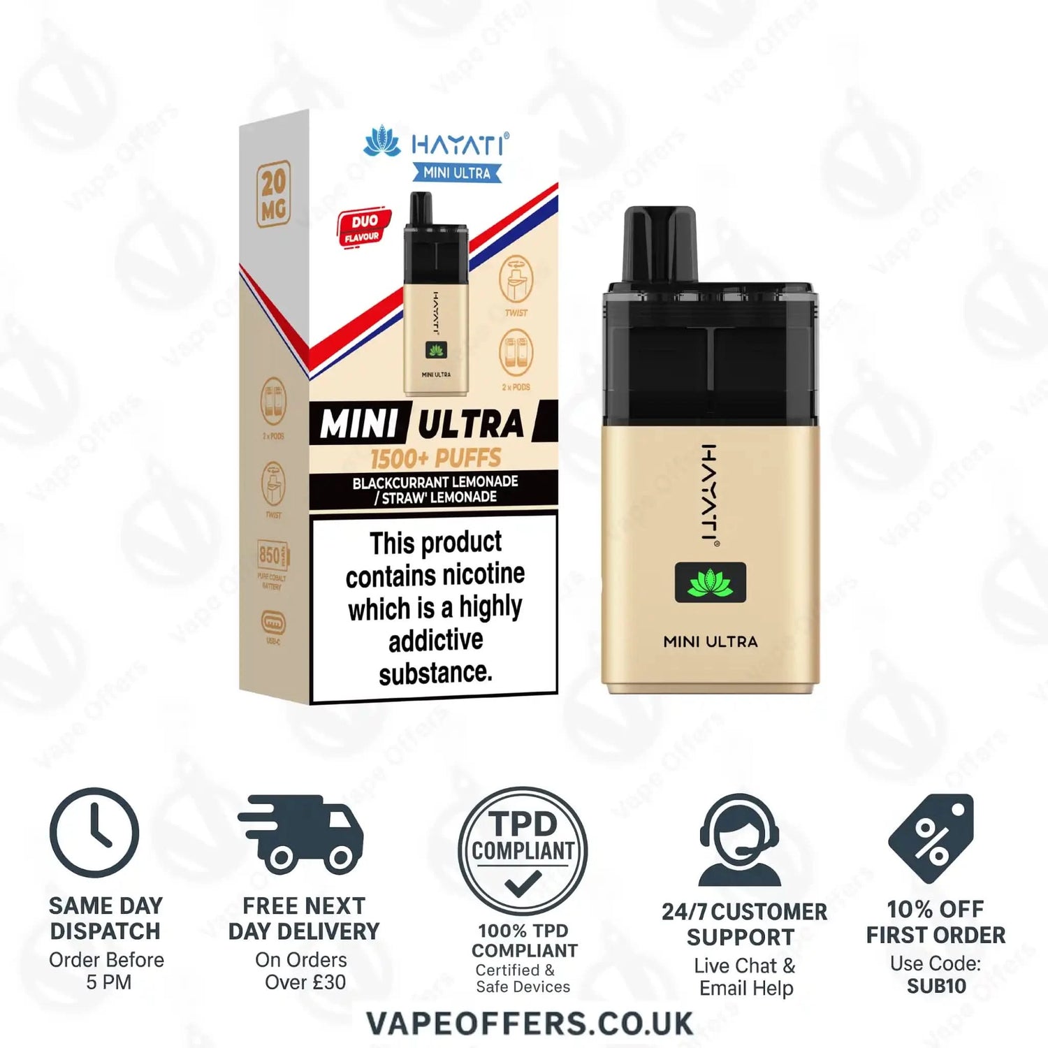 Hayati Mini Ultra 1500 Puffs Vape Kit Blackcurrant Lemonade and Strawberry Lemonade 