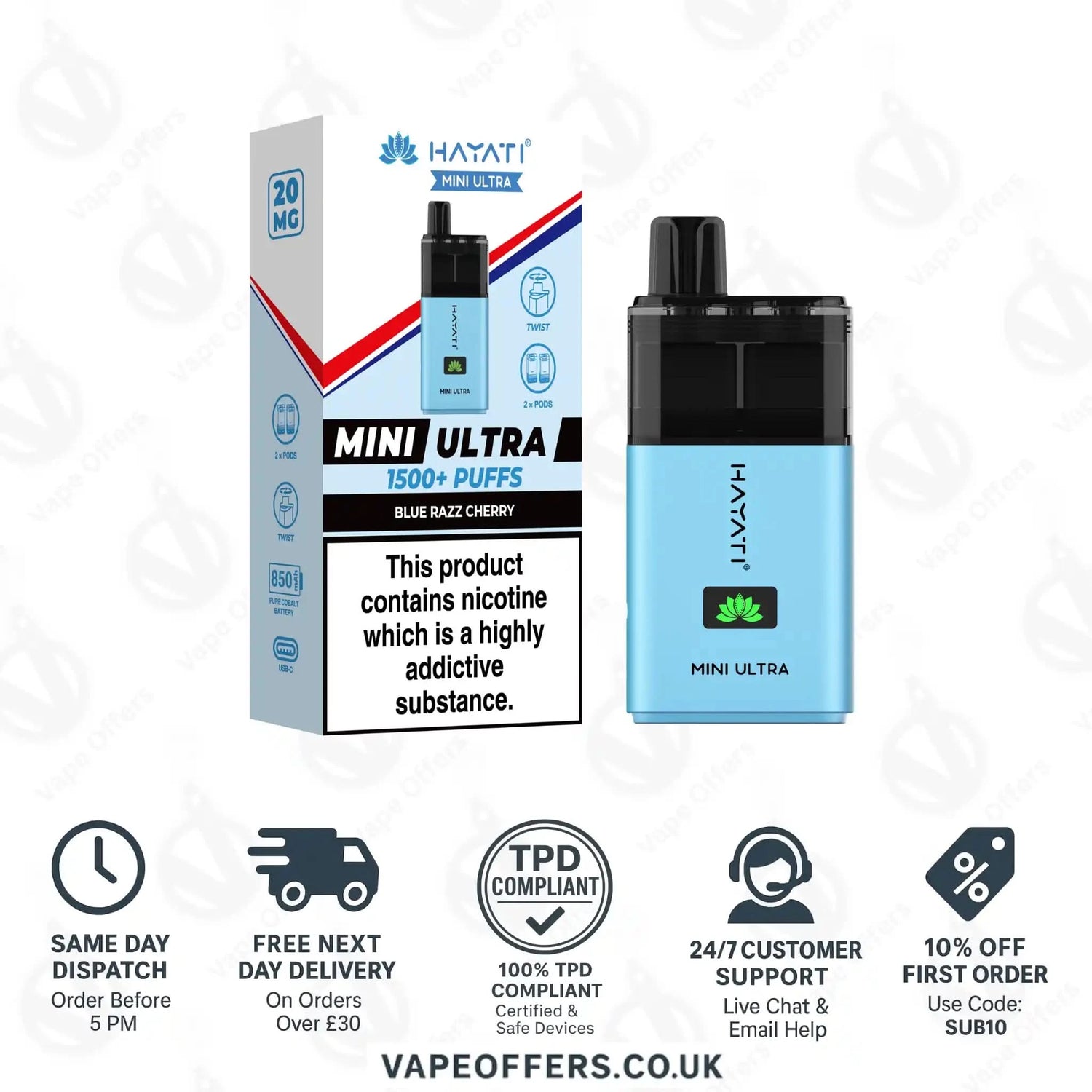 Hayati Mini Ultra 1500 Puffs Vape Kit Blue Razz Cherry 