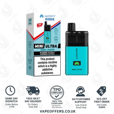Hayati Mini Ultra 1500 Puffs Vape Kit Blueberry Cotton K and Raspberry Cotton K
