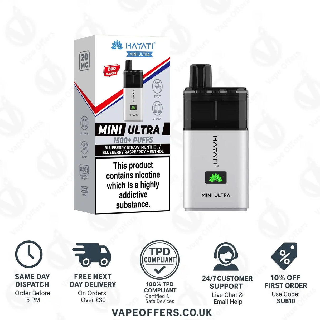 Hayati Mini Ultra 1500 Puffs Vape Kit Blueberry Strawberry Menthol and Blueberry Raspberry Menthol