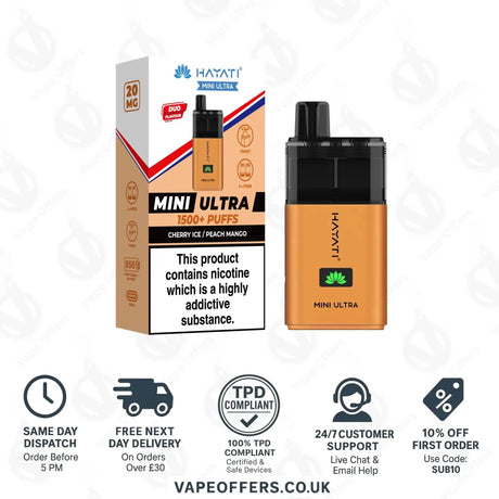 Hayati Mini Ultra 1500 Puffs Vape Kit Cherry Ice and Peach Mango