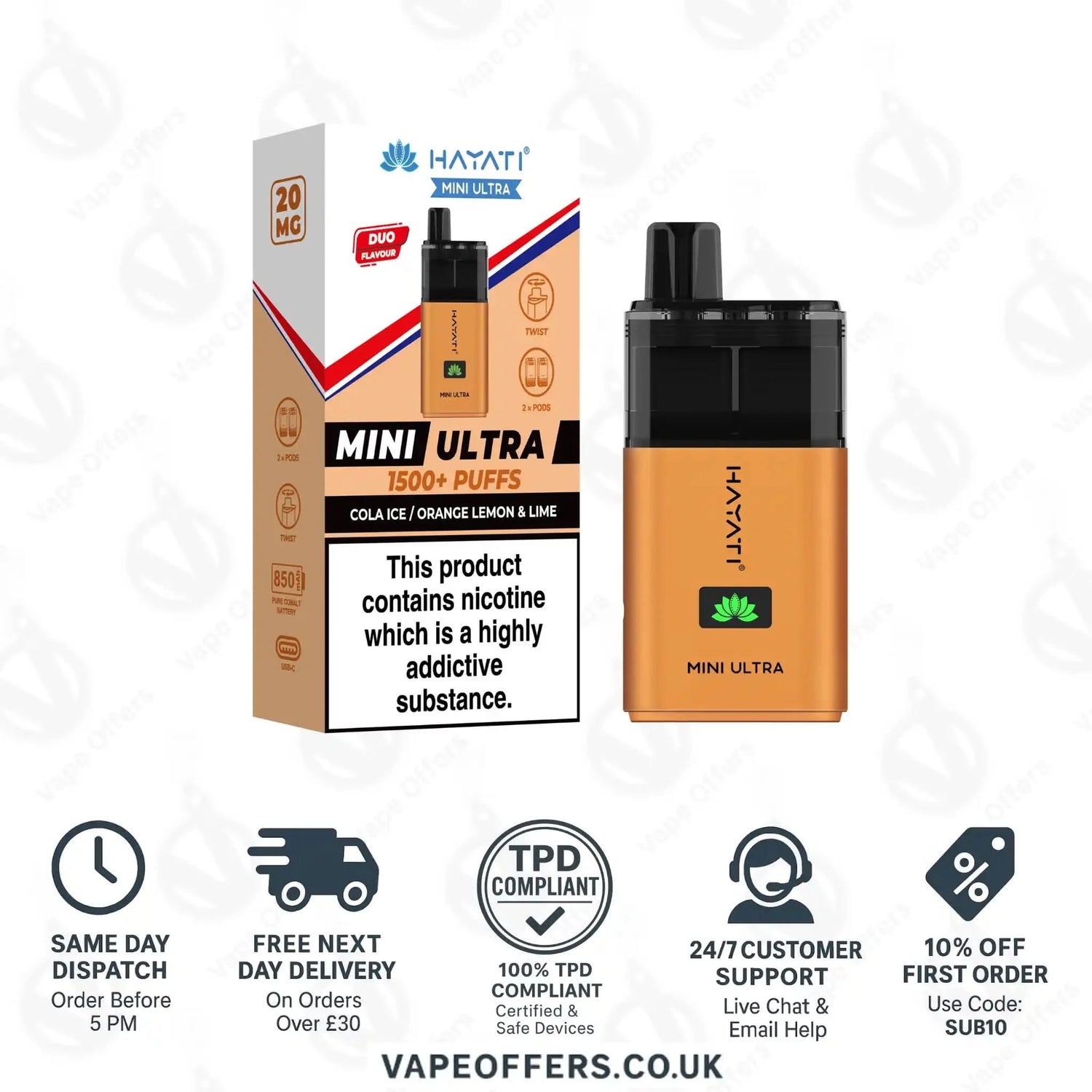 Hayati Mini Ultra 1500 Puffs Vape Kit Cola Ice and Orange Lemon and Lime 