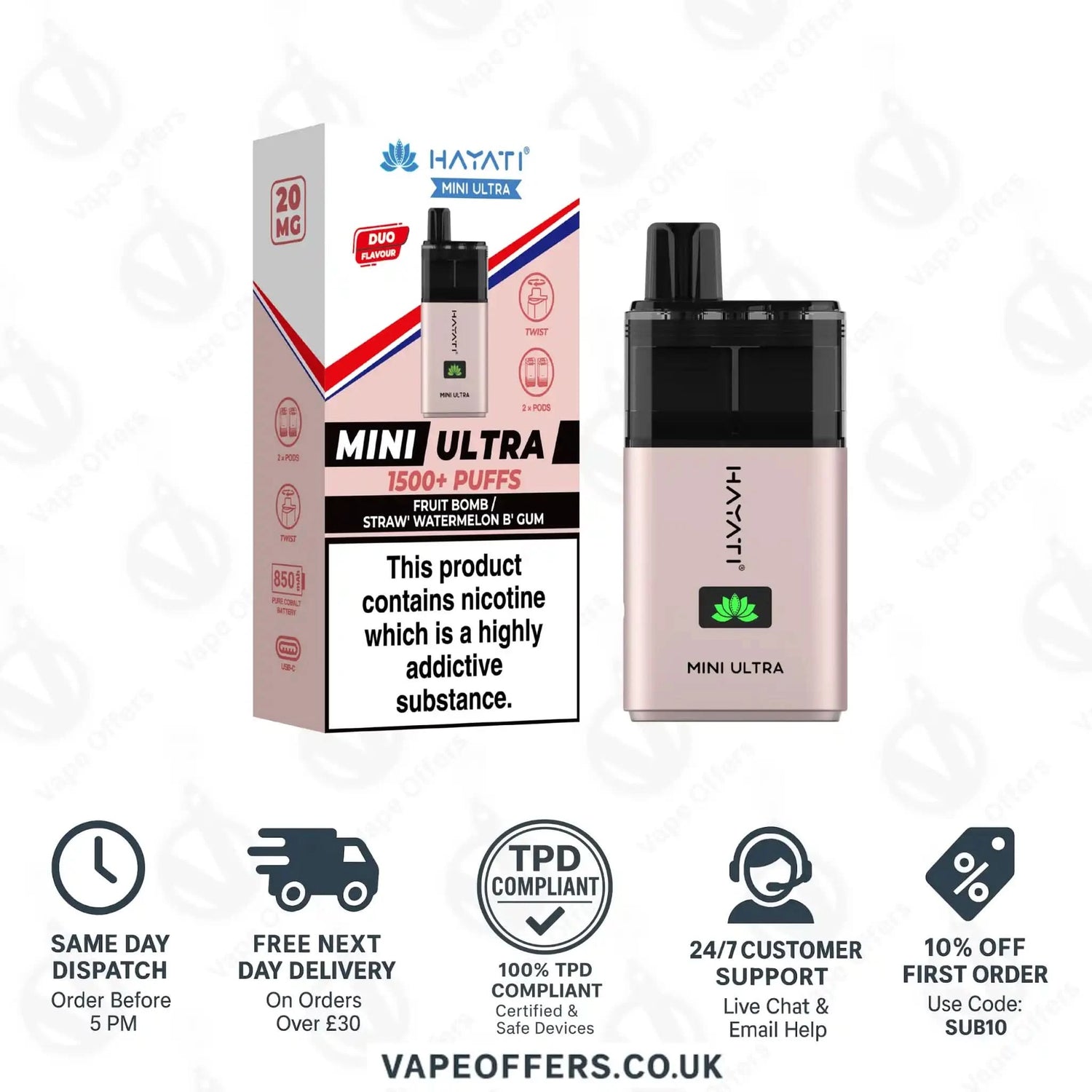 Hayati Mini Ultra 1500 Puffs Vape Kit Fruit Bomb and Strawberry Watermelon Bubblegum 