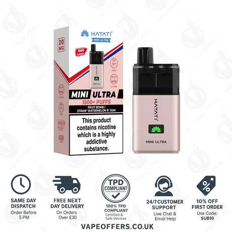 Hayati Mini Ultra 1500 Puffs Vape Kit Fruit Bomb and Strawberry Watermelon Bubblegum