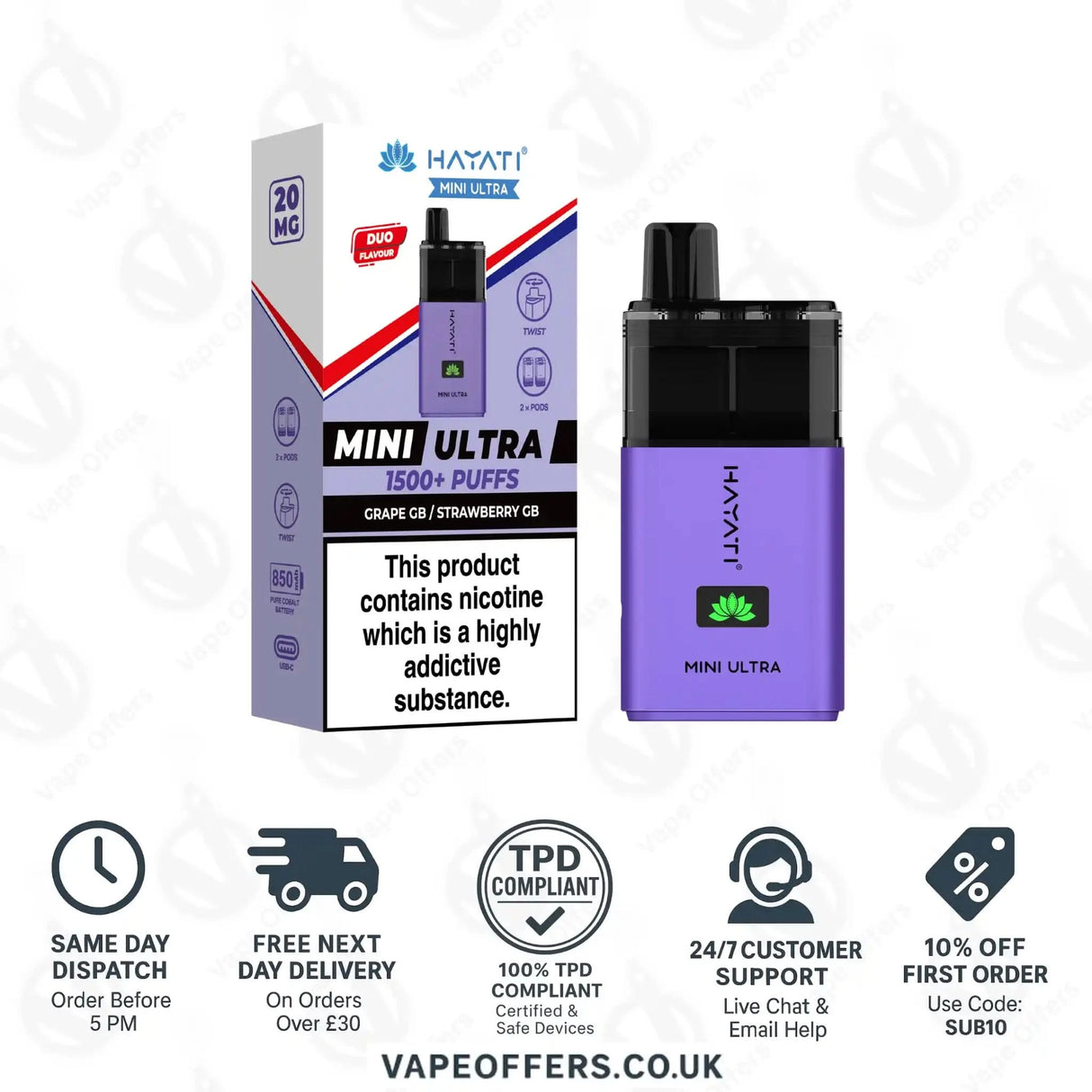 Hayati Mini Ultra 1500 Puffs Vape Kit Grape GB and Strawberry GB