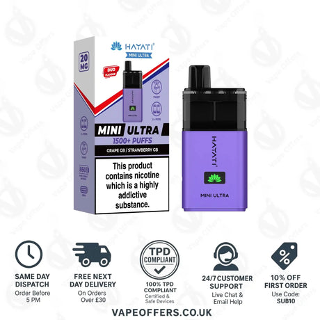 Hayati Mini Ultra 1500 Puffs Vape Kit Grape GB and Strawberry GB