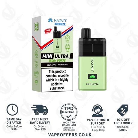 Hayati Mini Ultra 1500 Puffs Vape Kit Sour Apple and Juicy Peach