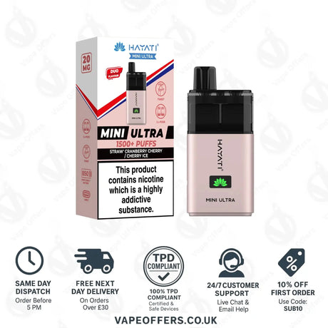 Hayati Mini Ultra 1500 Puffs Vape Kit Strawberry Cranberry Cherry and Cherry Ice