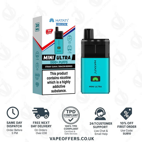 Hayati Mini Ultra 1500 Puffs Vape Kit Strawberry Guava and Dragon Berries
