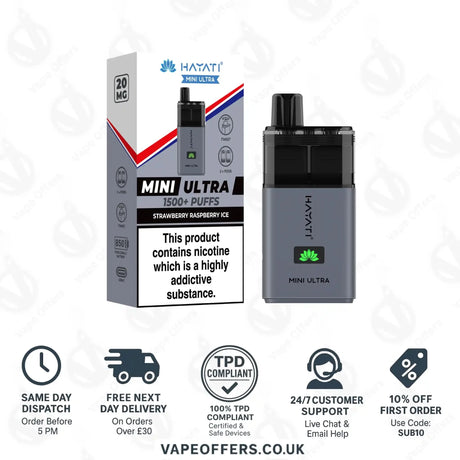 Hayati Mini Ultra 1500 Puffs Vape Kit Strawberry and Raspberry Ice