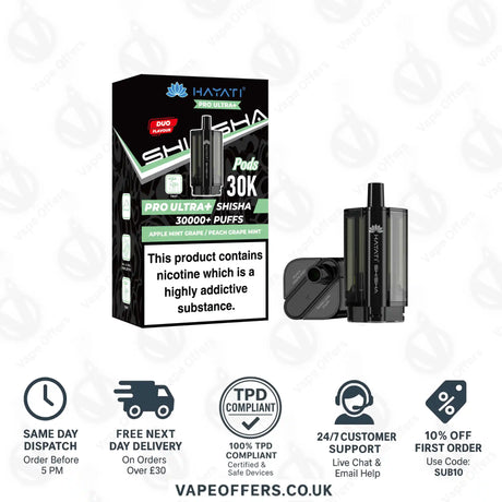 Hayati Pro Ultra Plus Shisha 30K Apple Mint Grape Peach Grape Mint Prefilled Pod