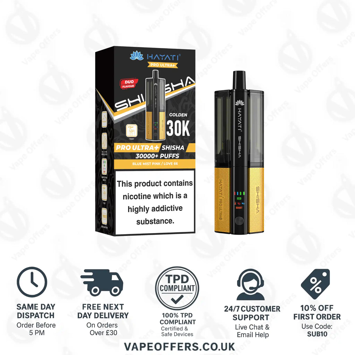 Hayati Pro Ultra Plus Shisha 30K Blue Mist Pink and Love 66 Prefilled Pod Kit