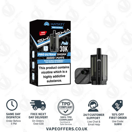 Hayati Pro Ultra Plus Shisha 30K Blue Slush & Raspberry Vim Frozen Blueberry Prefilled Pod