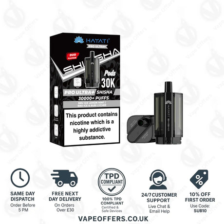 Hayati Pro Ultra Plus Shisha 30K Bru Ice Lemon Mint Bru Ice & Rubi Lychee Prefilled Pod