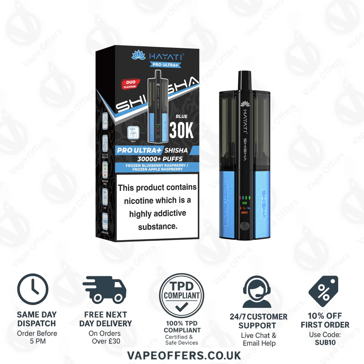 Hayati Pro Ultra Plus Shisha 30K Frozen Blueberry Raspberry and Frozen Apple Raspberry Prefilled Pod Kit