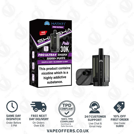 Hayati Pro Ultra Plus Shisha 30K Grape & Mint Blueberry & Mint Prefilled Pod