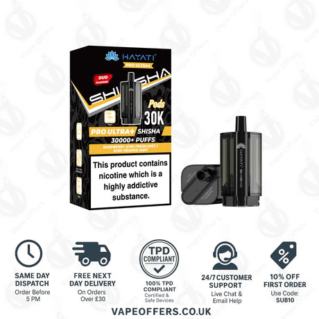 Hayati Pro Ultra Plus Shisha 30K Raspberry Kiwi Fresh Mist Kiwi Orange Mint Prefilled Pod