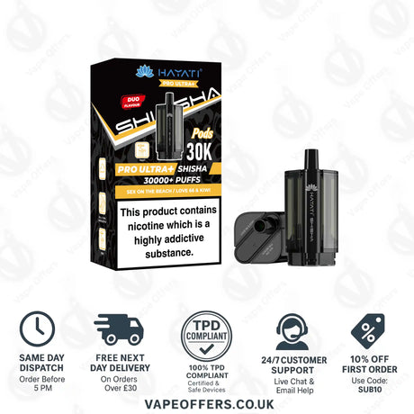 Hayati Pro Ultra Plus Shisha 30K Sex On The Beach Love 66 & Kiwi Prefilled Pod