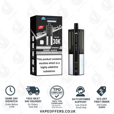 Hayati Pro Ultra Plus Shisha 30K Watermelon Ice and Peach Ice Prefilled Pod Kit