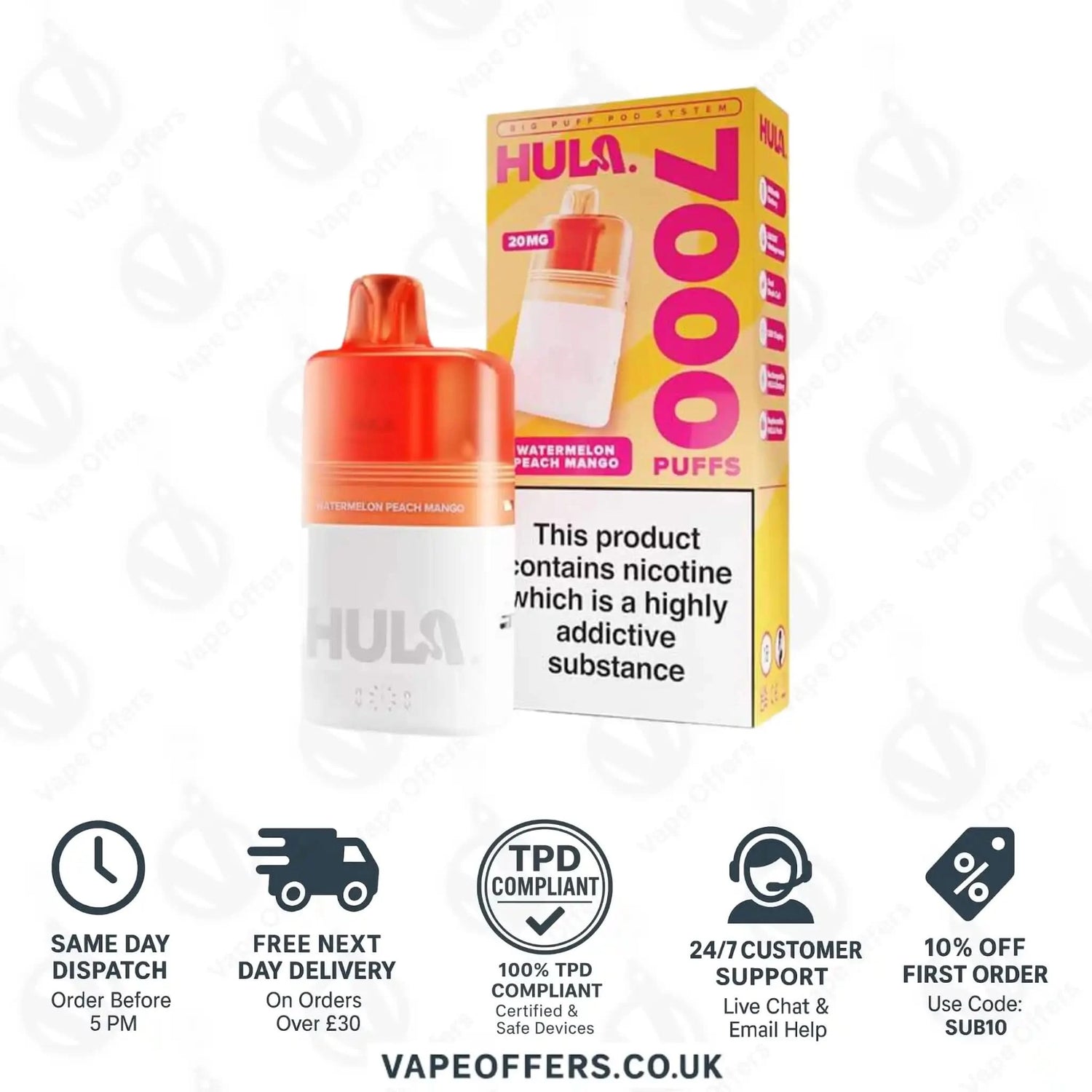 Hula 7000 Big Puff Prefilled Pod Kit Watermelon Peach Mango 