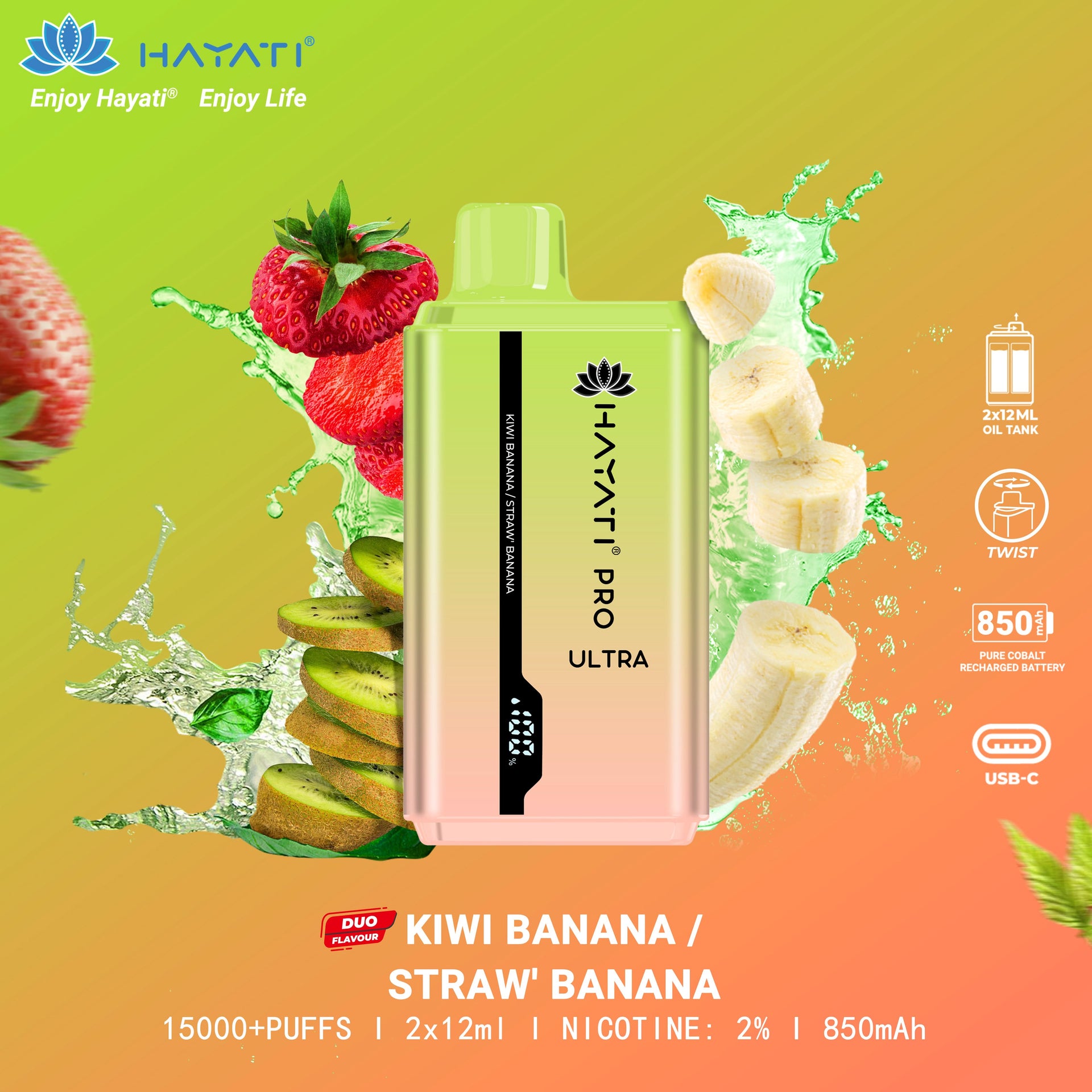 Kiwi Banana Strawberry Banana Hayati Pro Ultra 15000 Puffs Kiwi Banana Strawberry Banana Hayati Pro Ultra 15000 Puffs