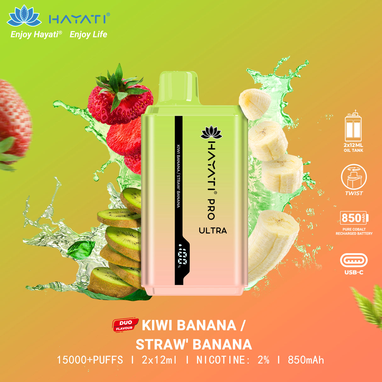 Kiwi Banana / Strawberry Banana - Hayati Pro Ultra 15000 Puffs
