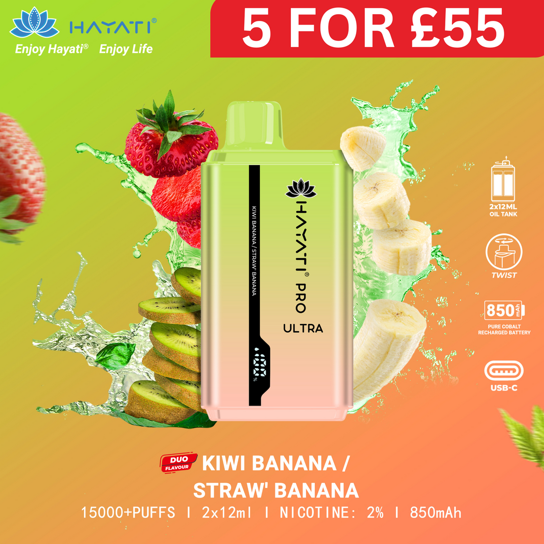 Kiwi Banana / Strawberry Banana - Hayati Pro Ultra 15000 Puffs