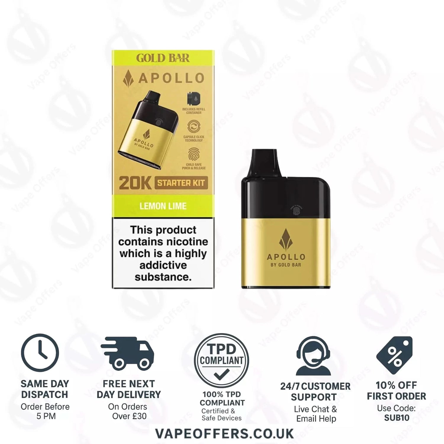 Lemon Lime Gold Bar Apollo 20K Puffs Pod Vape Kit 