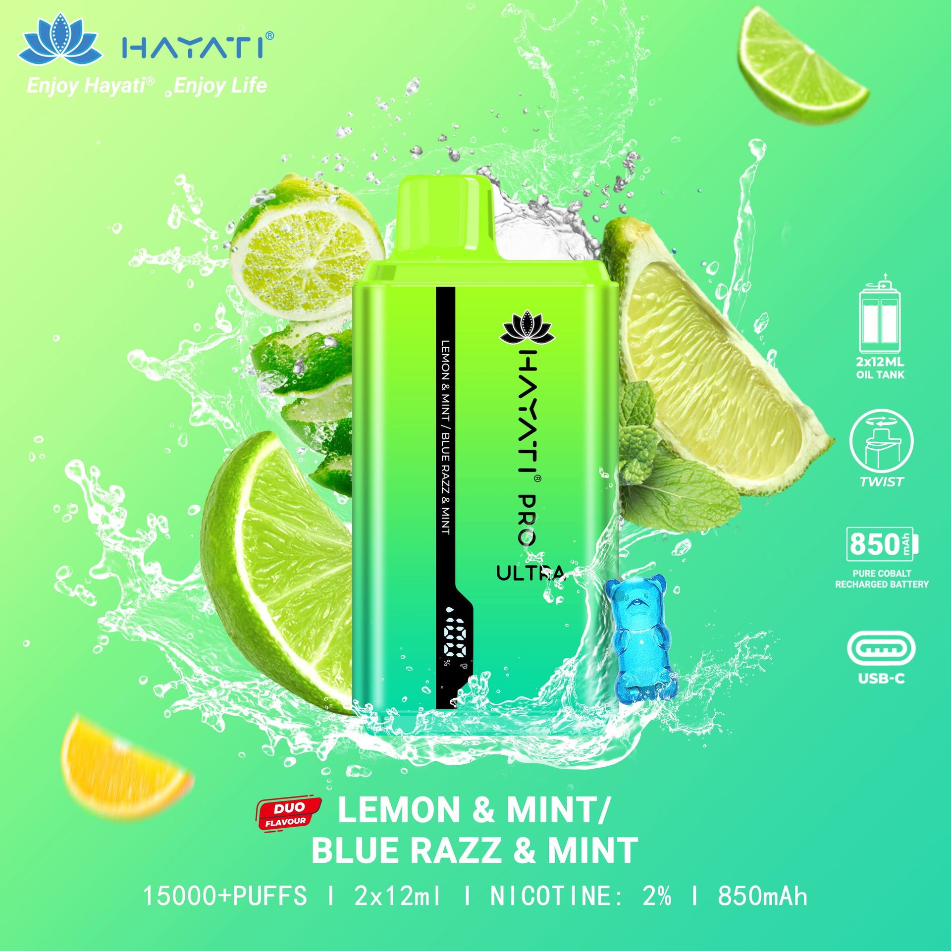 Lemon & Mint / Blue Razz & Mint Hayati Pro Ultra 15000 Puffs