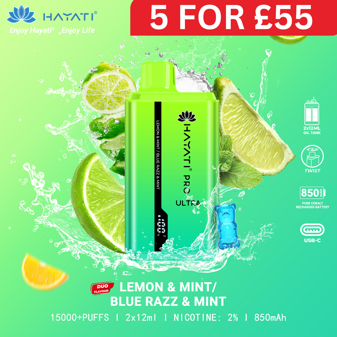 Lemon & Mint / Blue Razz & Mint - Hayati Pro Ultra 15000 Puffs