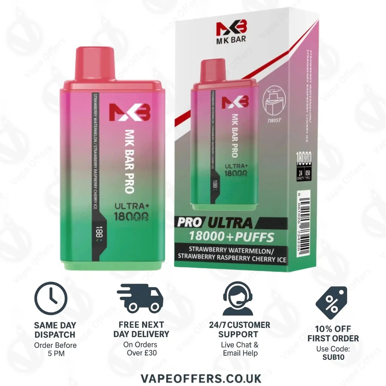 MK Bar Pro Ultra 18000 Strawberry Watermelon Strawberry Raspberry Cherry Ice 