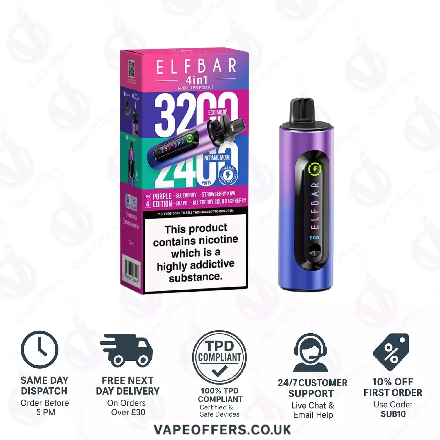 Purple Edition Elf Bar 4 in 1 3200 Puffs Prefilled Pod Kit 