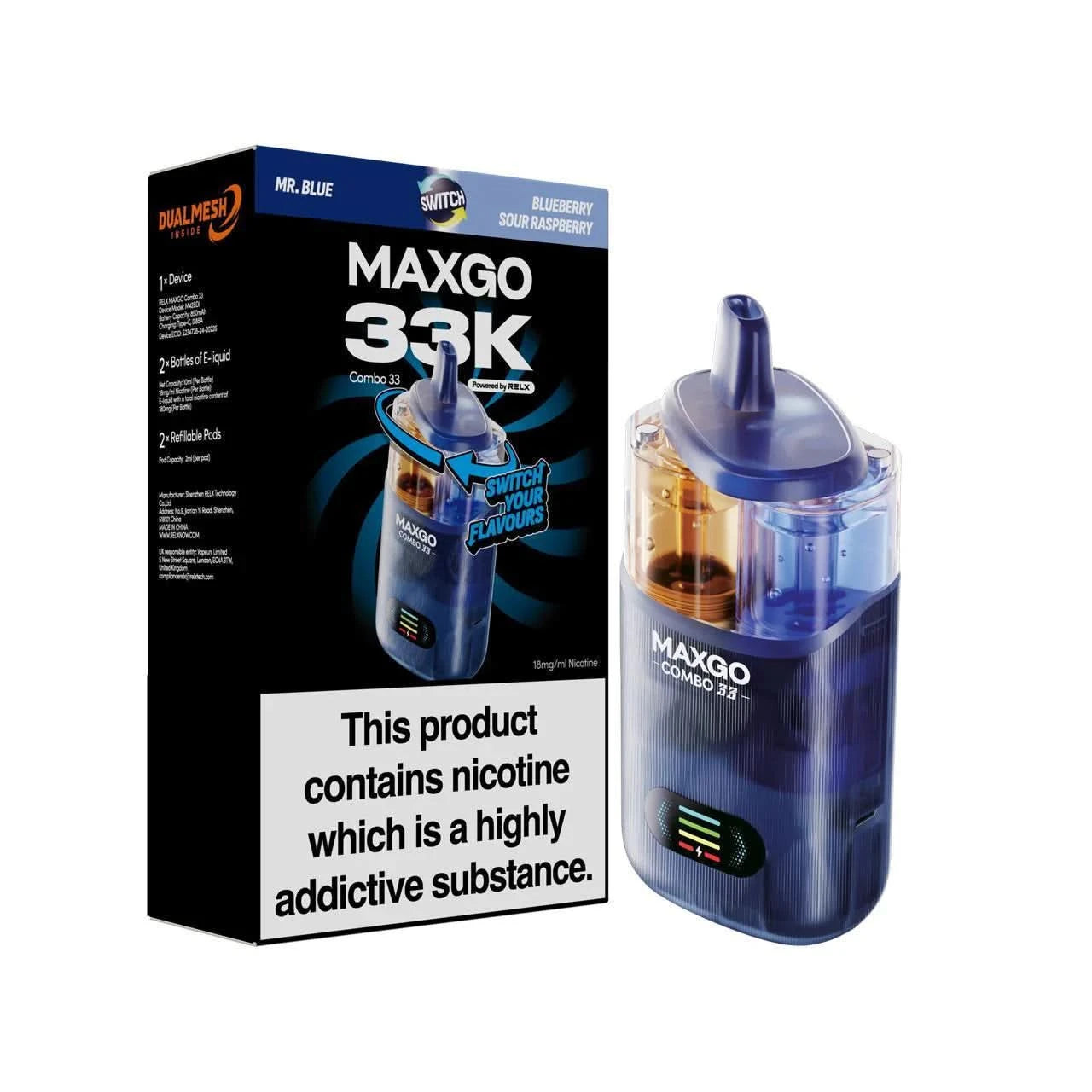 Relax Maxgo Combo 33K Prefilled Pod Kit - Mr Blue & Blueberry Sour Raspberry 