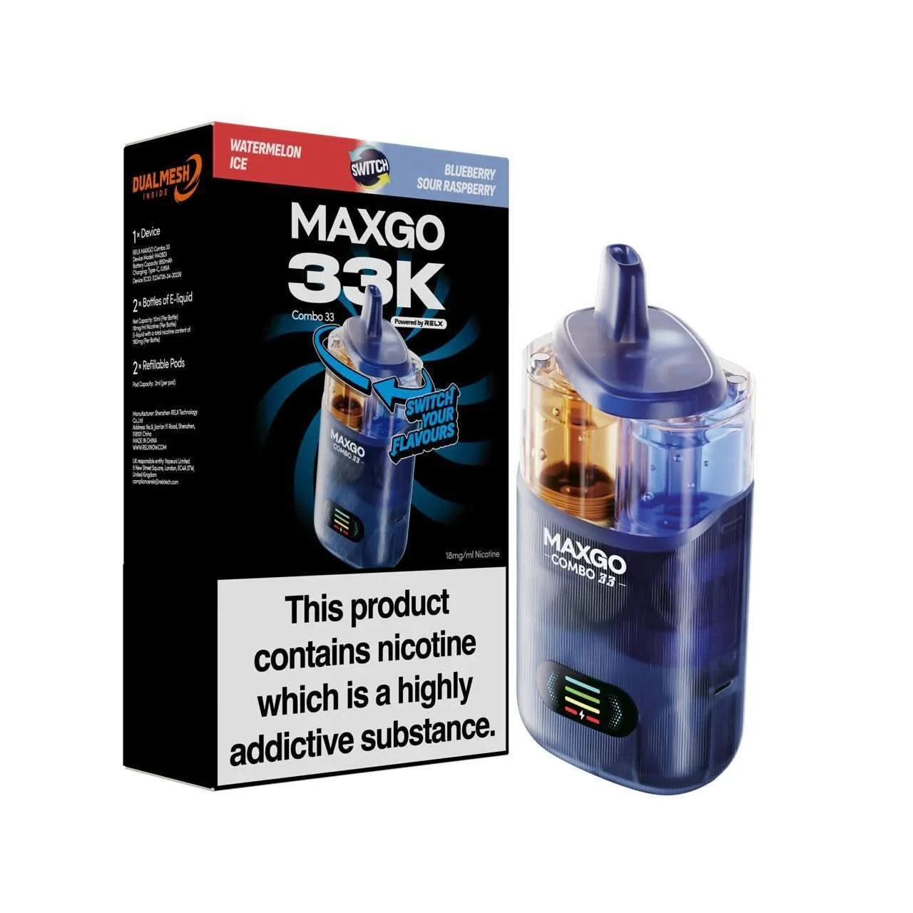 Relax Maxgo Combo 33K Prefilled Pod Kit - Watermelon Ice & Blueberry Sour Raspberry 