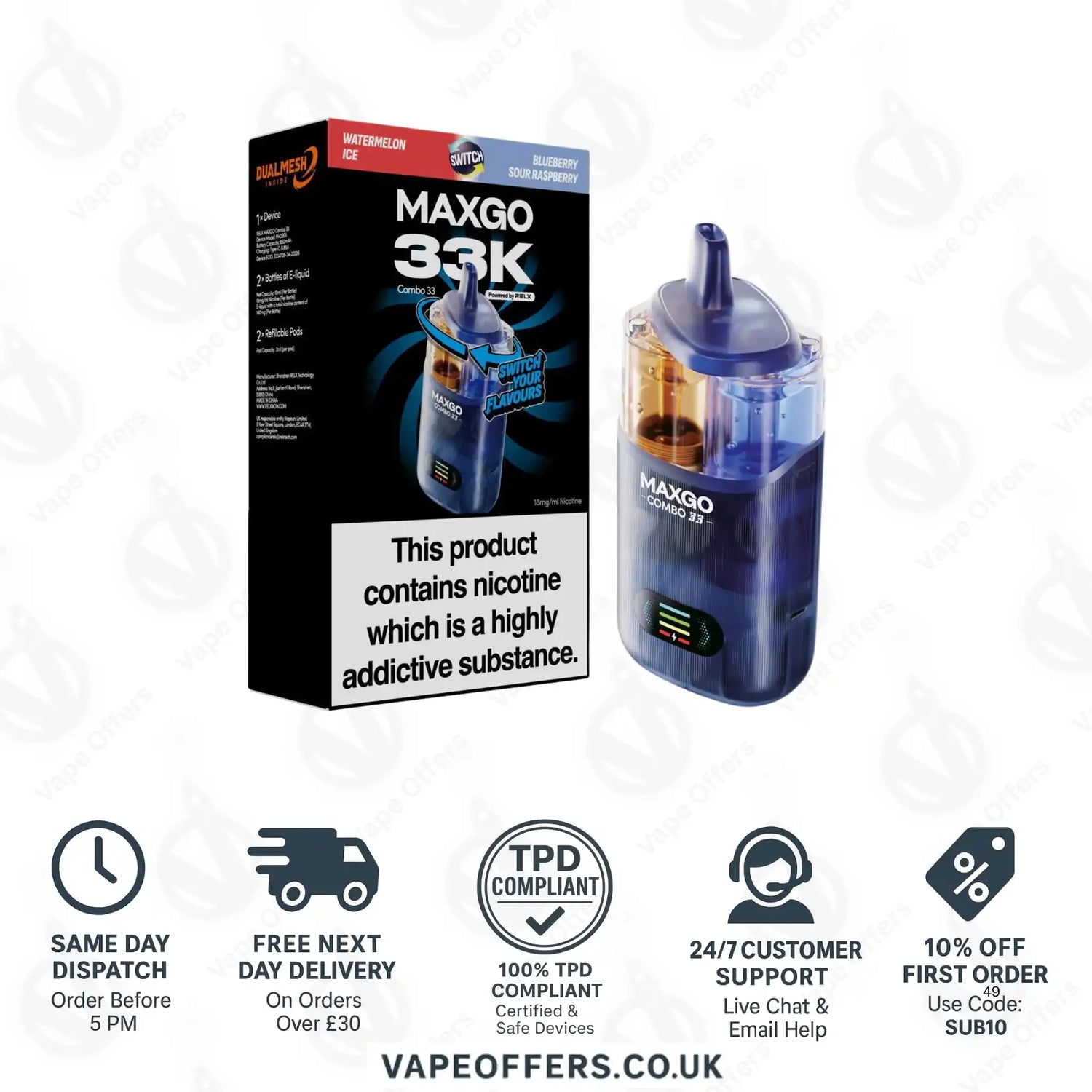 Relax Maxgo Combo 33K Prefilled Pod Kit Watermelon Ice and Blueberry Sour Raspberry 